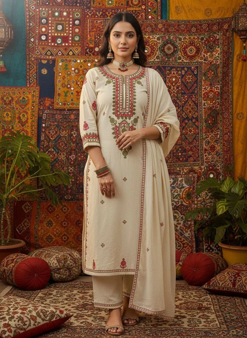 Beige Embroidered Kurti Set