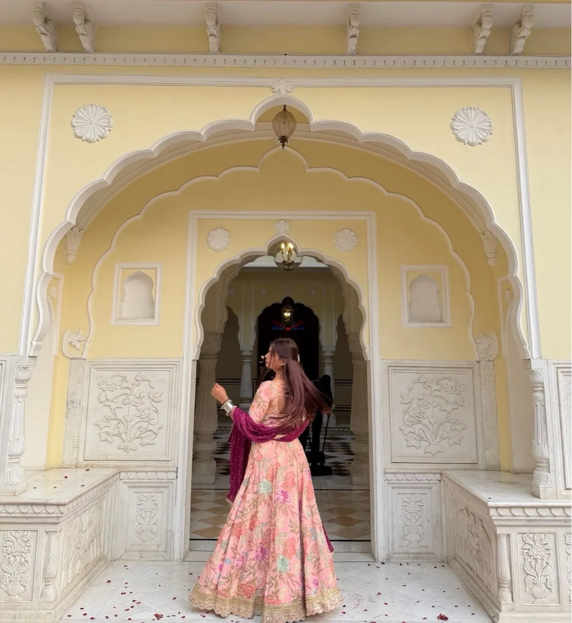 ‘Gulzar’ Corset Lehenga with sleeves - Peach view 3