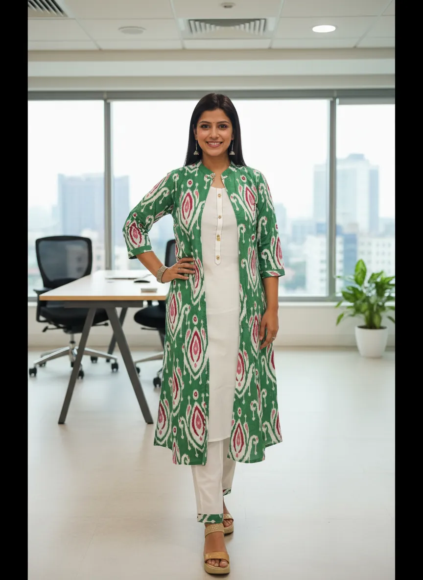 Green and White Printed Kurti Set