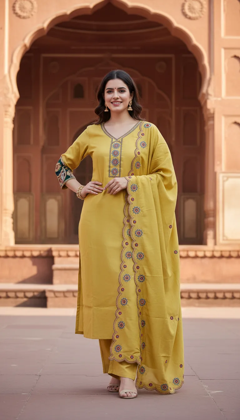 Embroidered Kurta With Paint And Dupatta