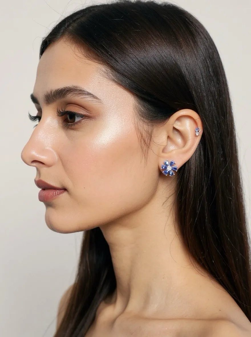 Blue Sapphire Flower Earrings