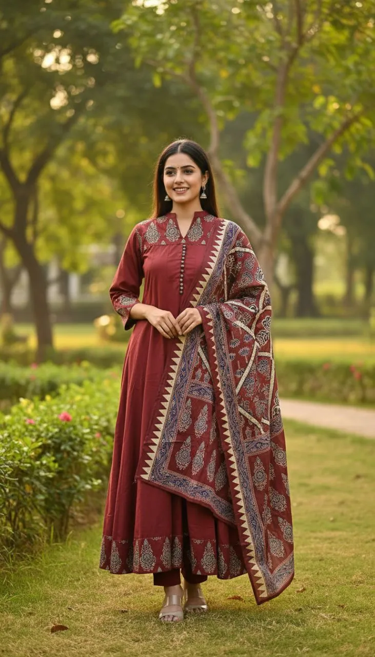 Embroidered Maroon Kurta Set