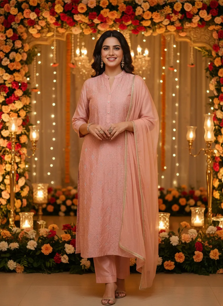 Embroidered Peach  Kurta Set