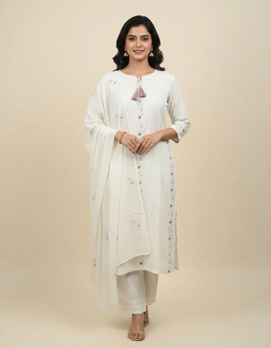 Resham Embroidered Off White Kurti Set With Dupatta