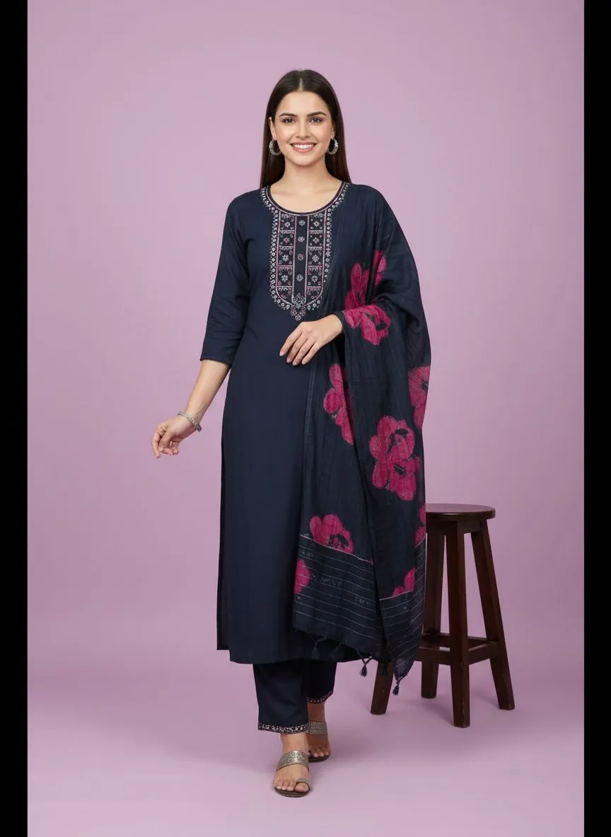 Navy Blue Embroidered Kurta Set
