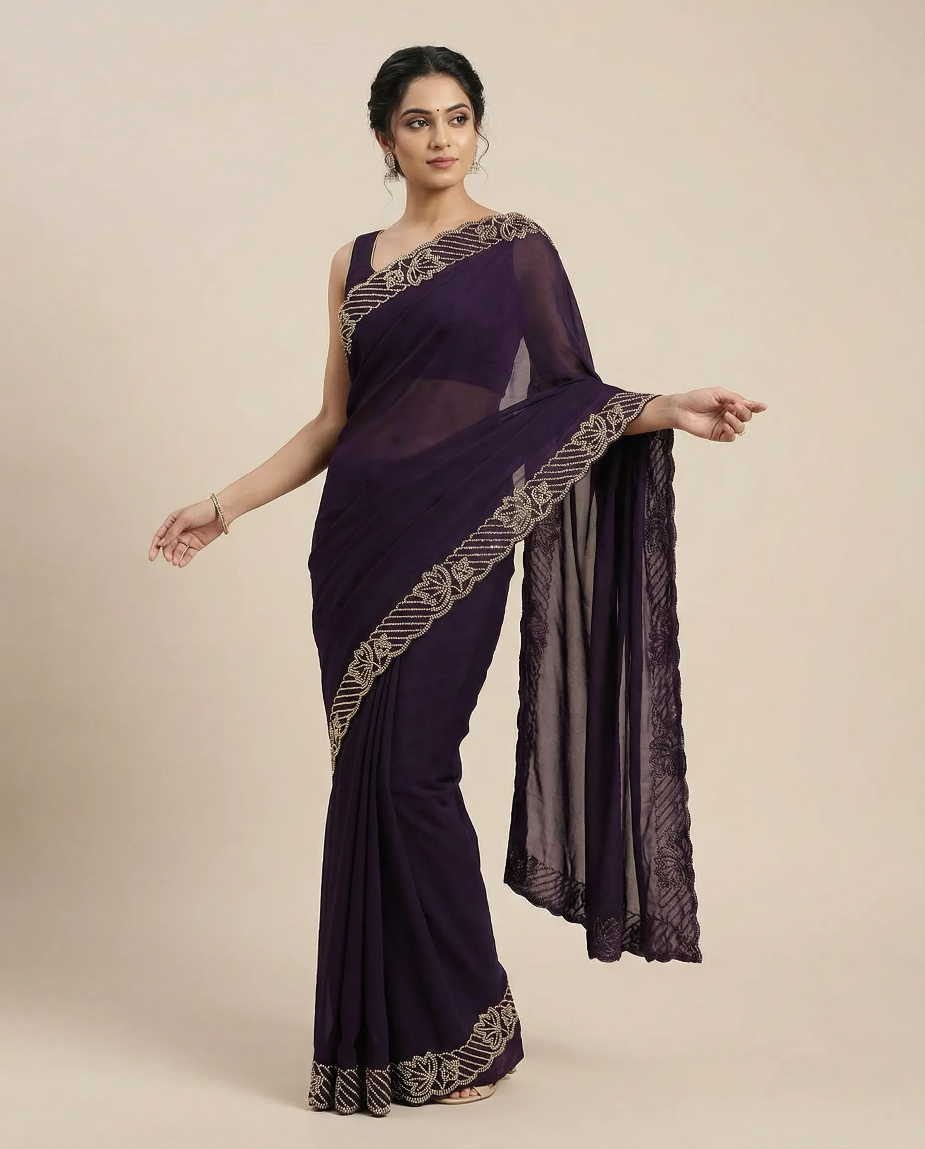 Embroidered Purple Sari view 2