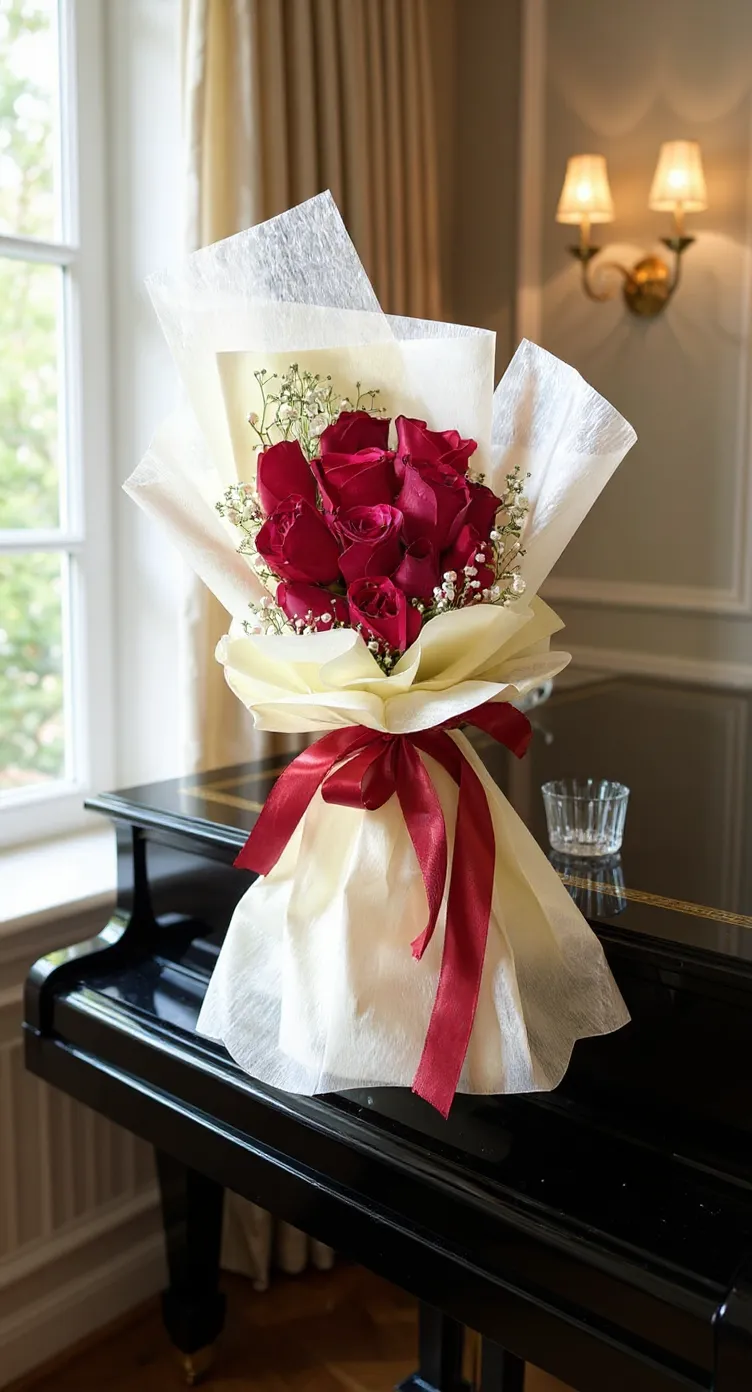 Red Rose Bouquet White Cream Wrap