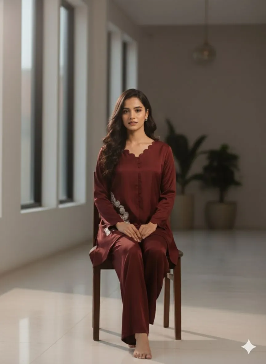 Embroidered Maroon Kurta Set view 2