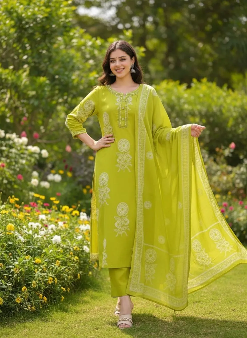 Jaipur Cotton Lime Green Kurta Set