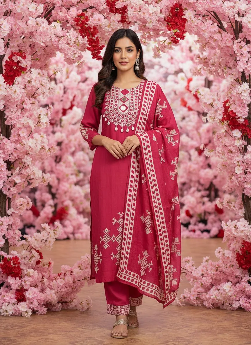 Red Printed Crepe Kurta Set