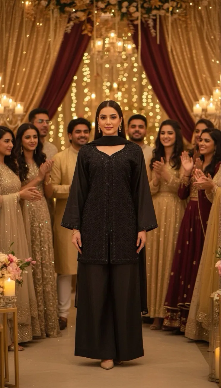 Black Embroidered Sharara Suit view 2