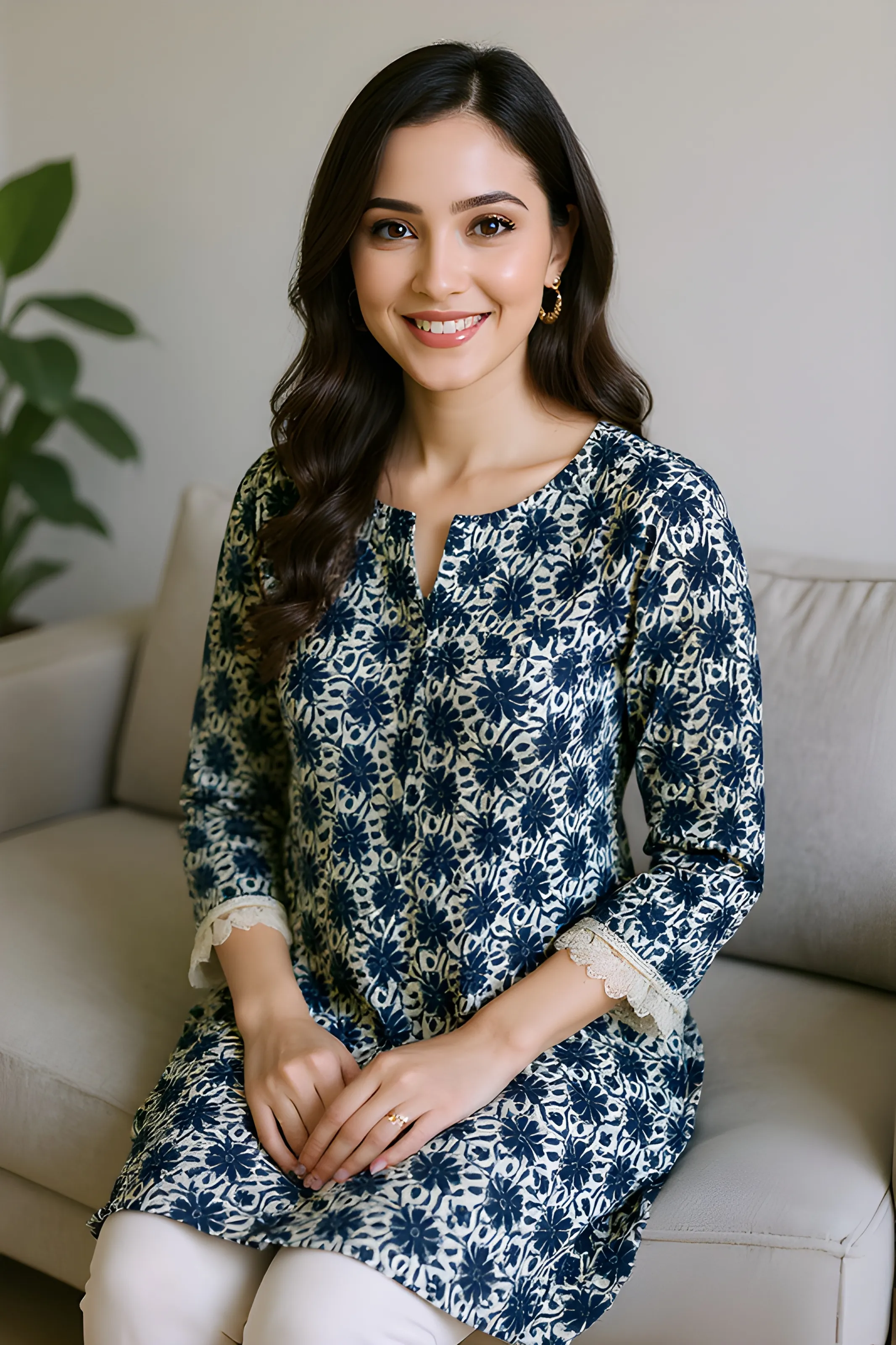 Floral Lace-Trimmed Kurti