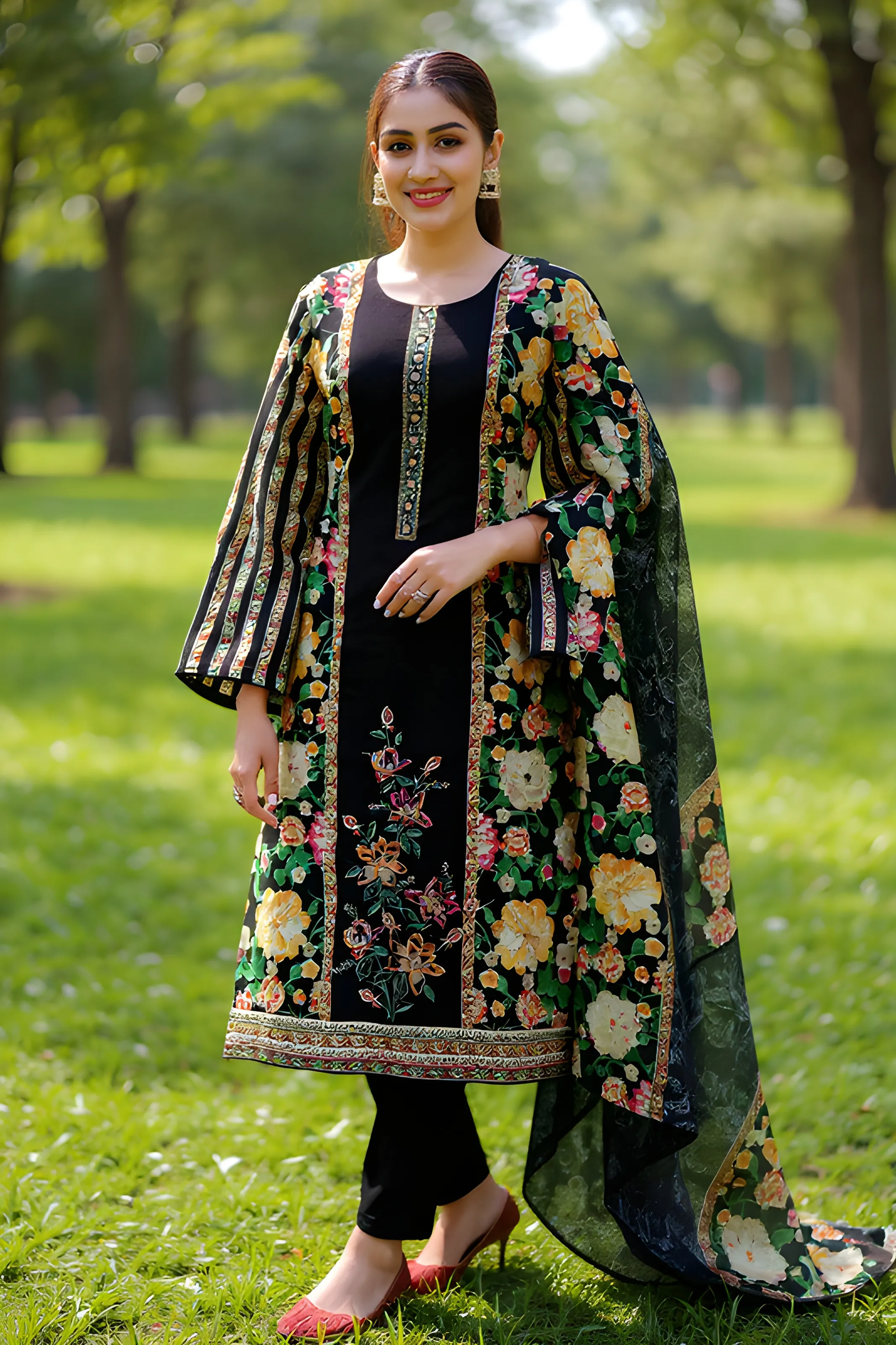 Floral Embroidered Black Kurti