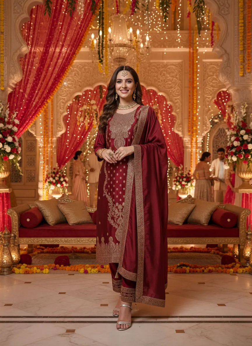 Maroon Embellished Salwar Suit