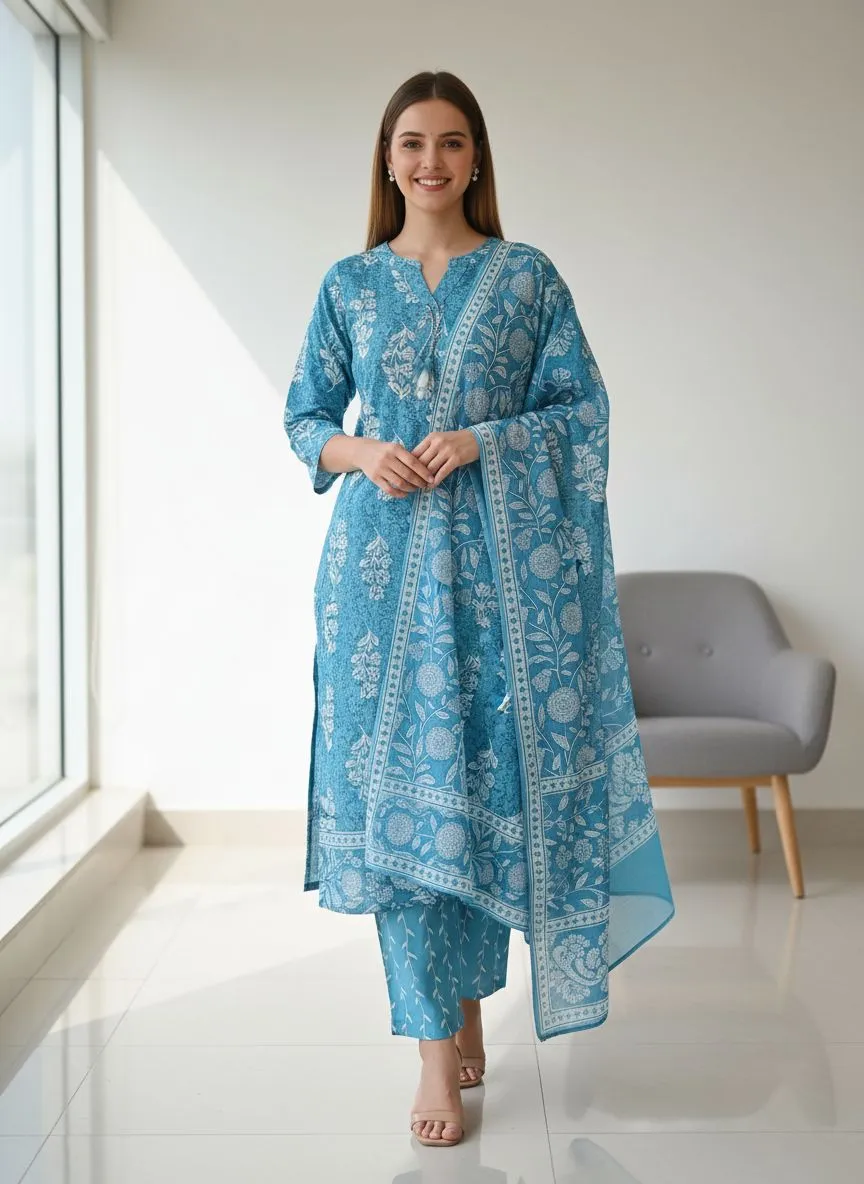 Blue Printed Kurti Set