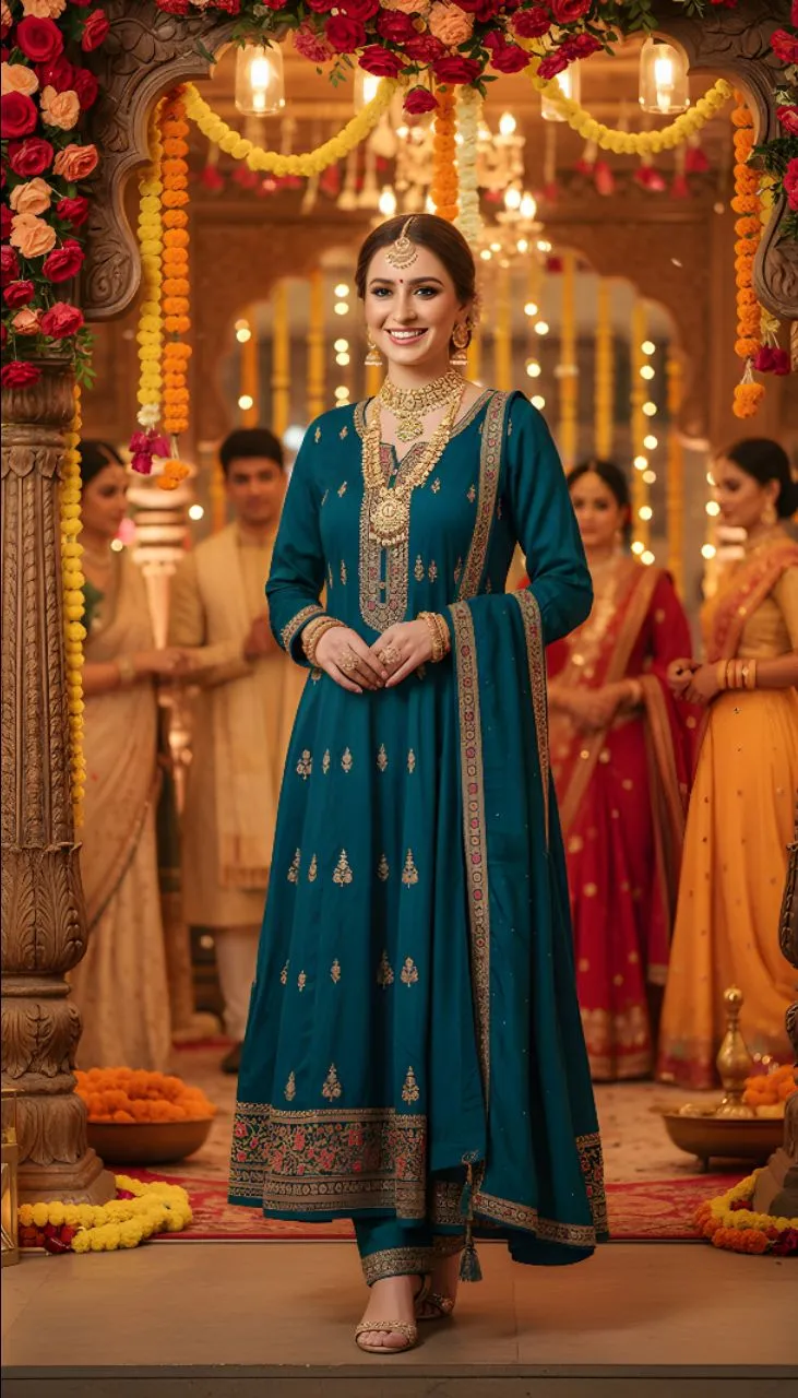 Teal Embroidered Anarkali Set