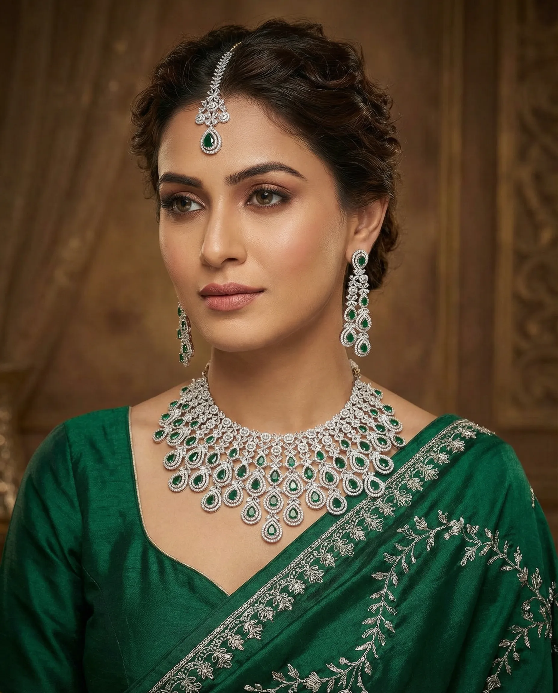 Emerald Green American Diamond Necklace Set