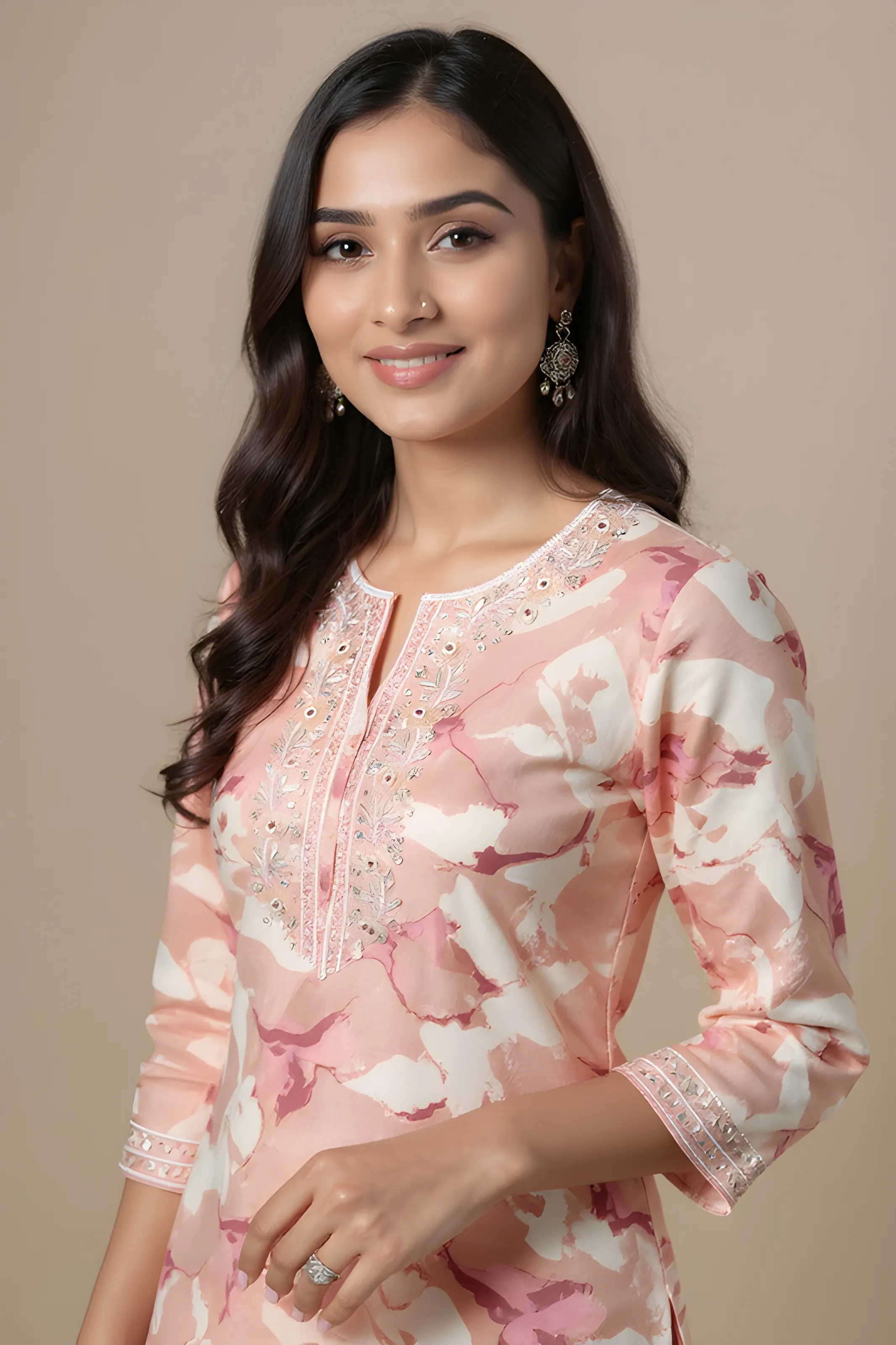 Pink Floral Embroidered Kurti Fabric