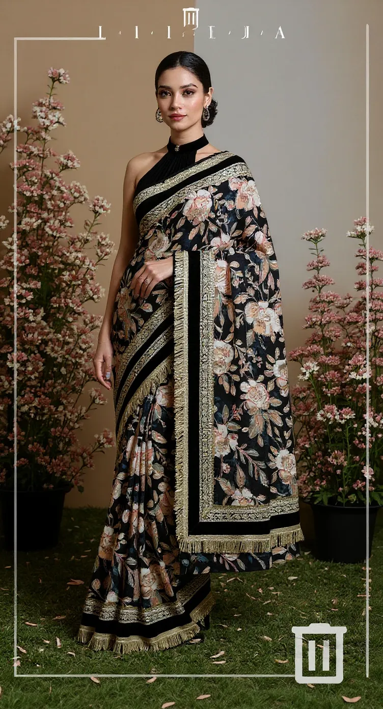 Georgette Black Floral Saree With Borders