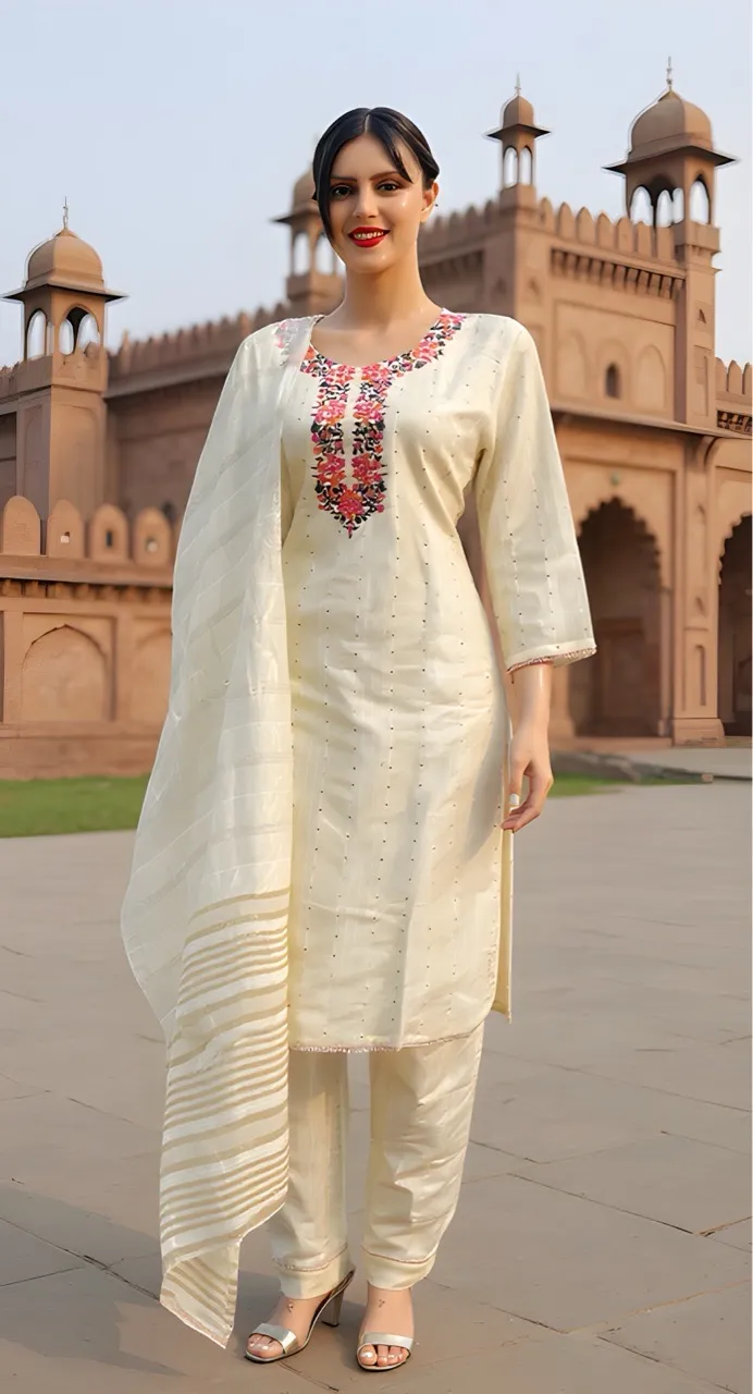 Embroidered Cotton (70%) Off White Colour Kurti Pant Set