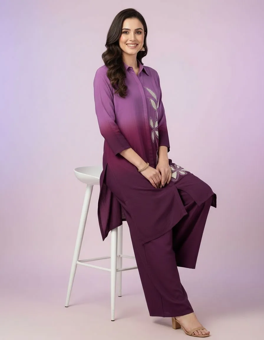 Embroidered Purple Kurta Set view 2