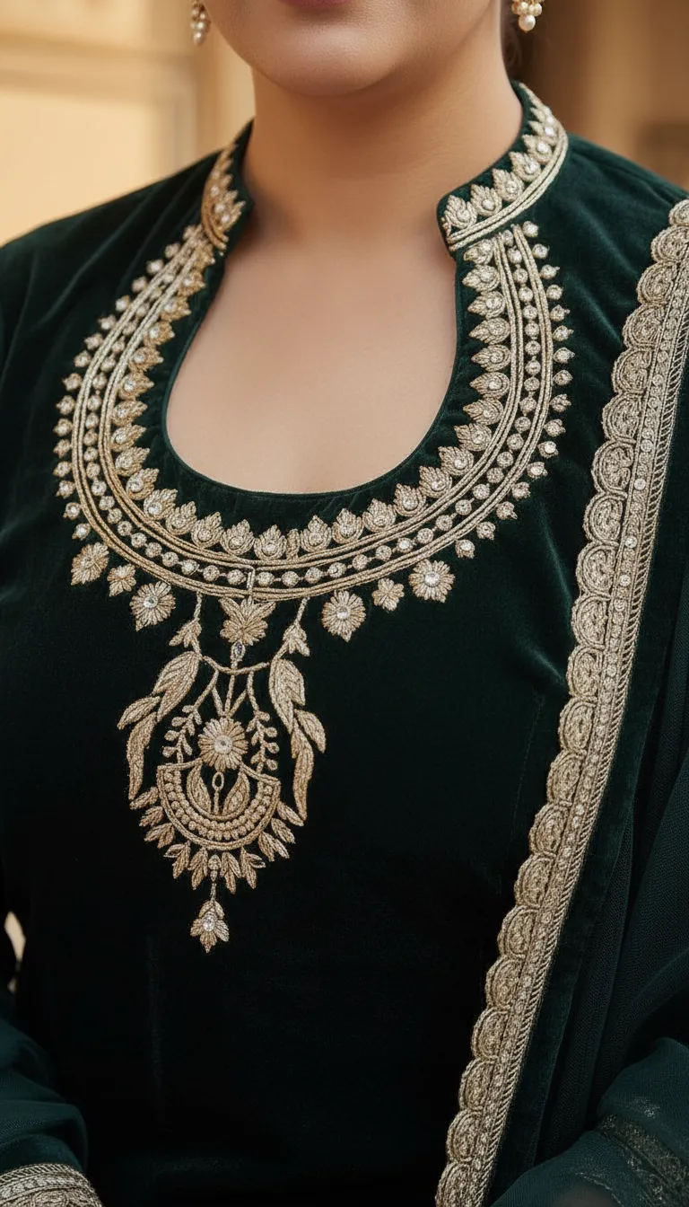 Velvet Salwar Suit with Dupatta With Butiful Zari Work view 3