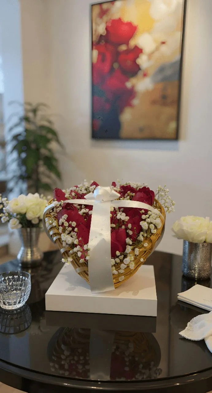 Red Roses In a Golden Metal Basket