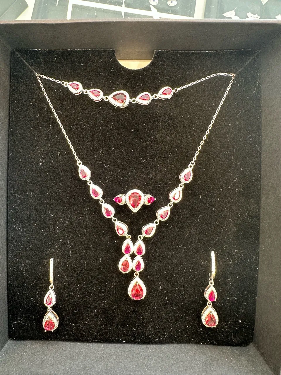 Ruby Drop Necklace and Earrings Set along with Ring & Bracelet