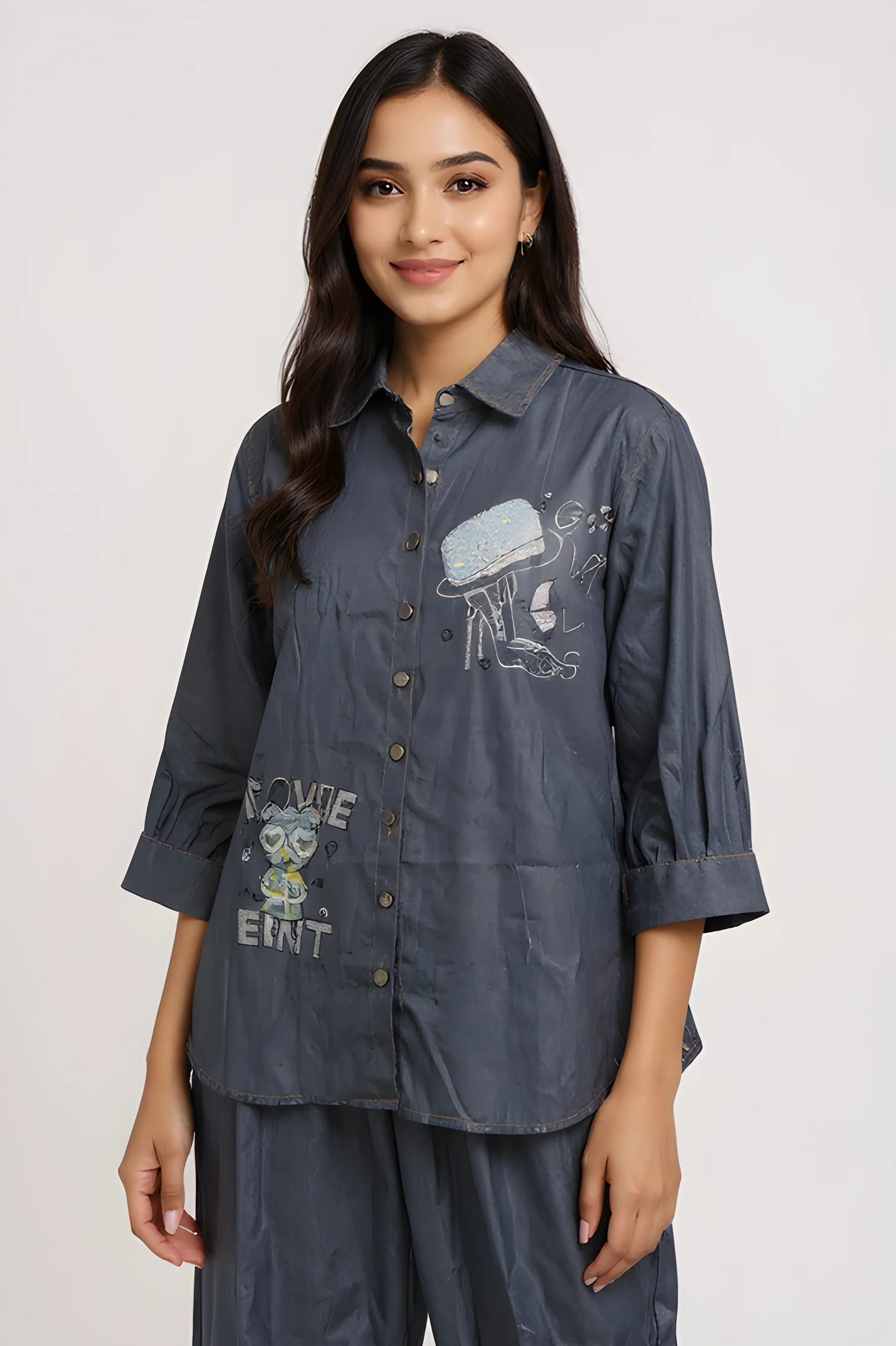 Denim Embroidered Kurta Set