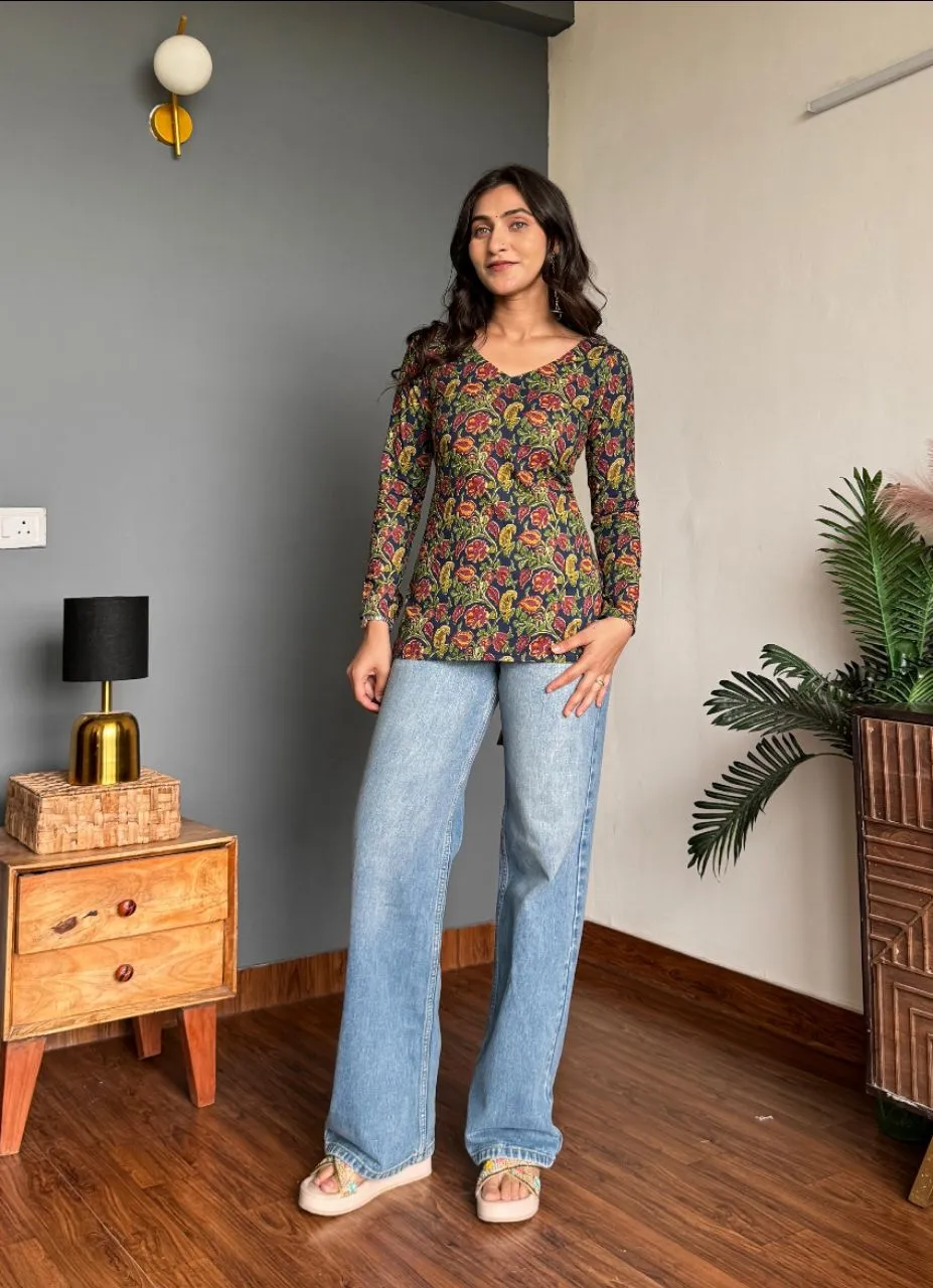 Floral Corset Kurti - Navy Blue