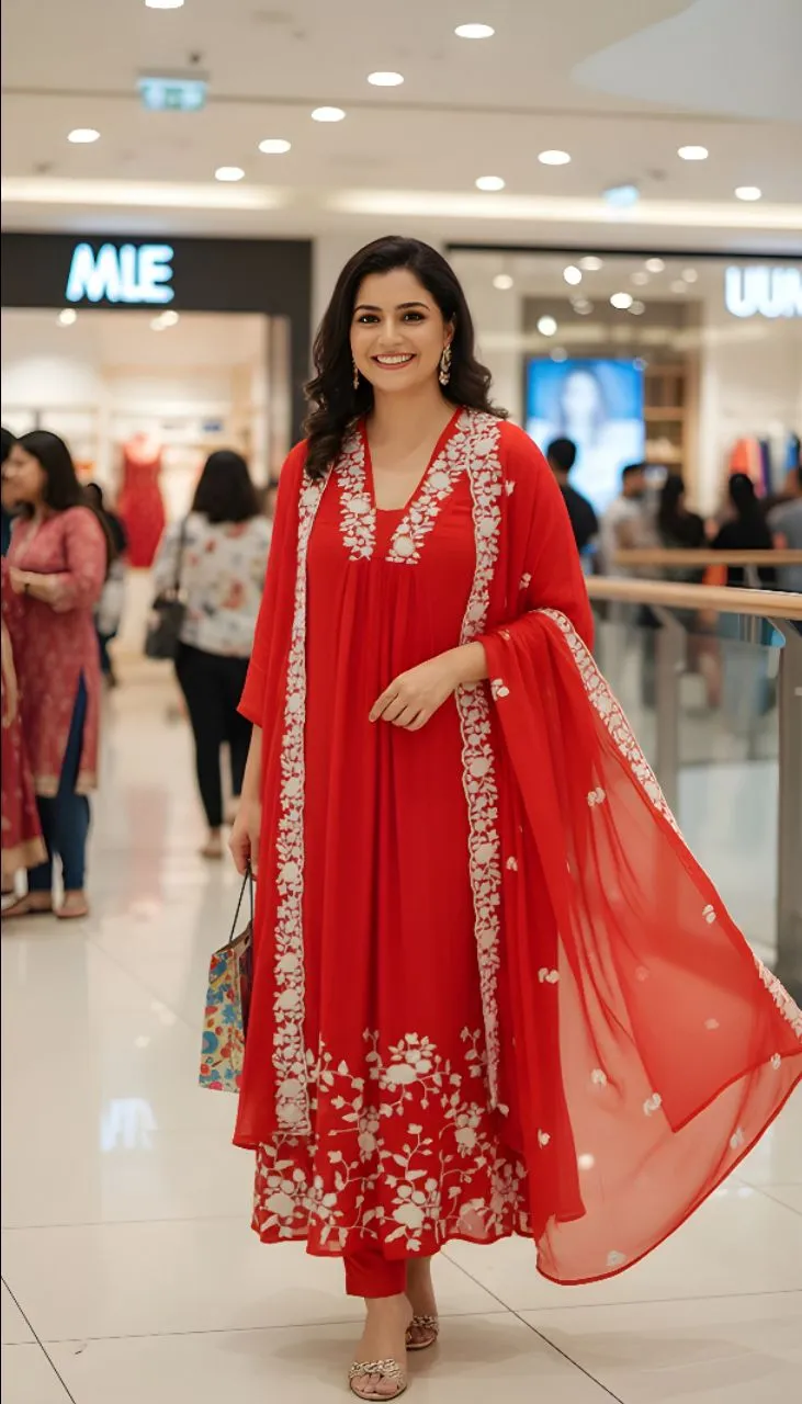 Red Floral Anarkali Kurta