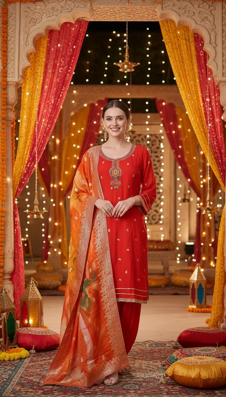 Red Ethinic Suit With Dhoti Pant