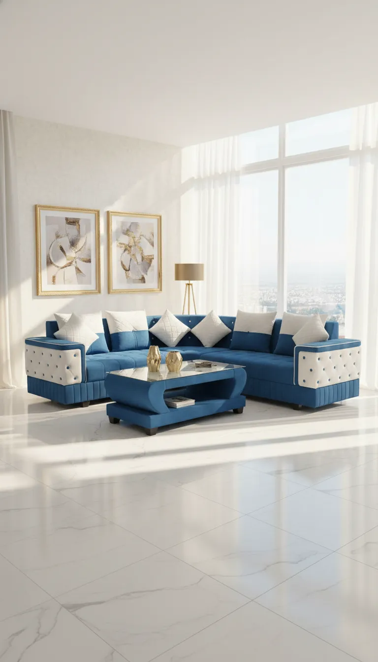 Blue and White Sectional Sofa
