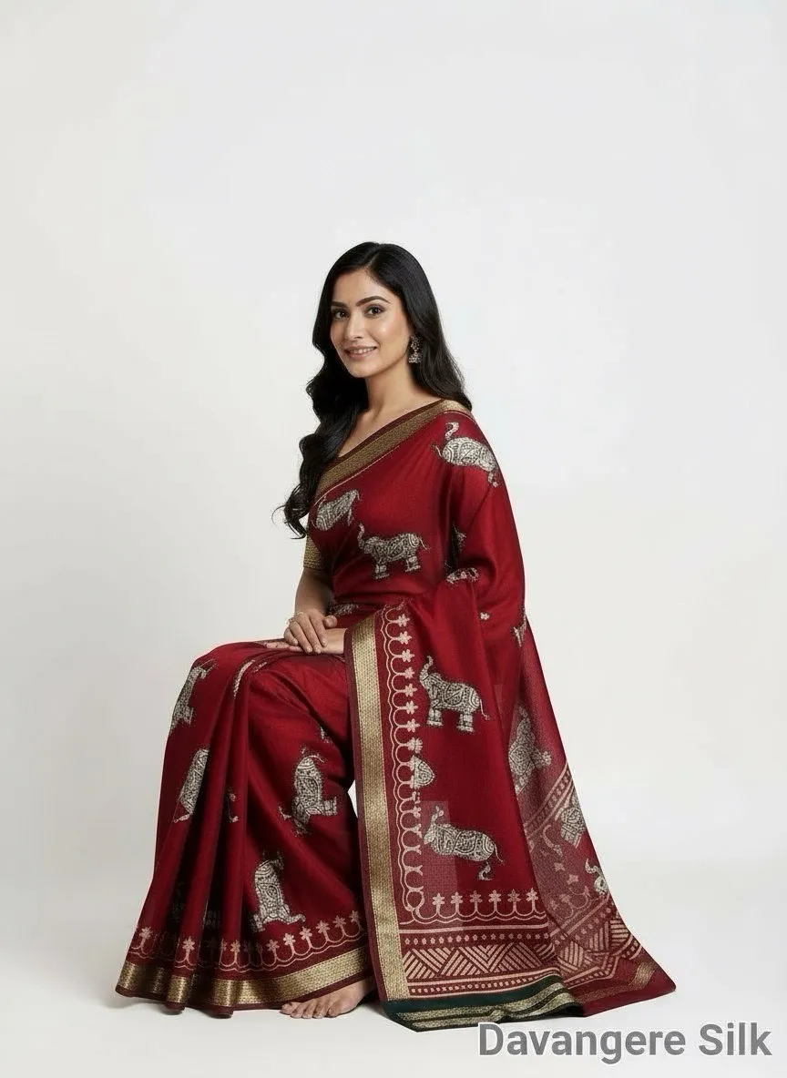 Maroon  with Silver Elephant Zari Motifs view 2