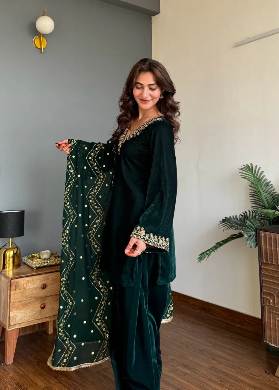 ‘Nazneen’ Hand embroidered Farshi Salvar set- Green view 6