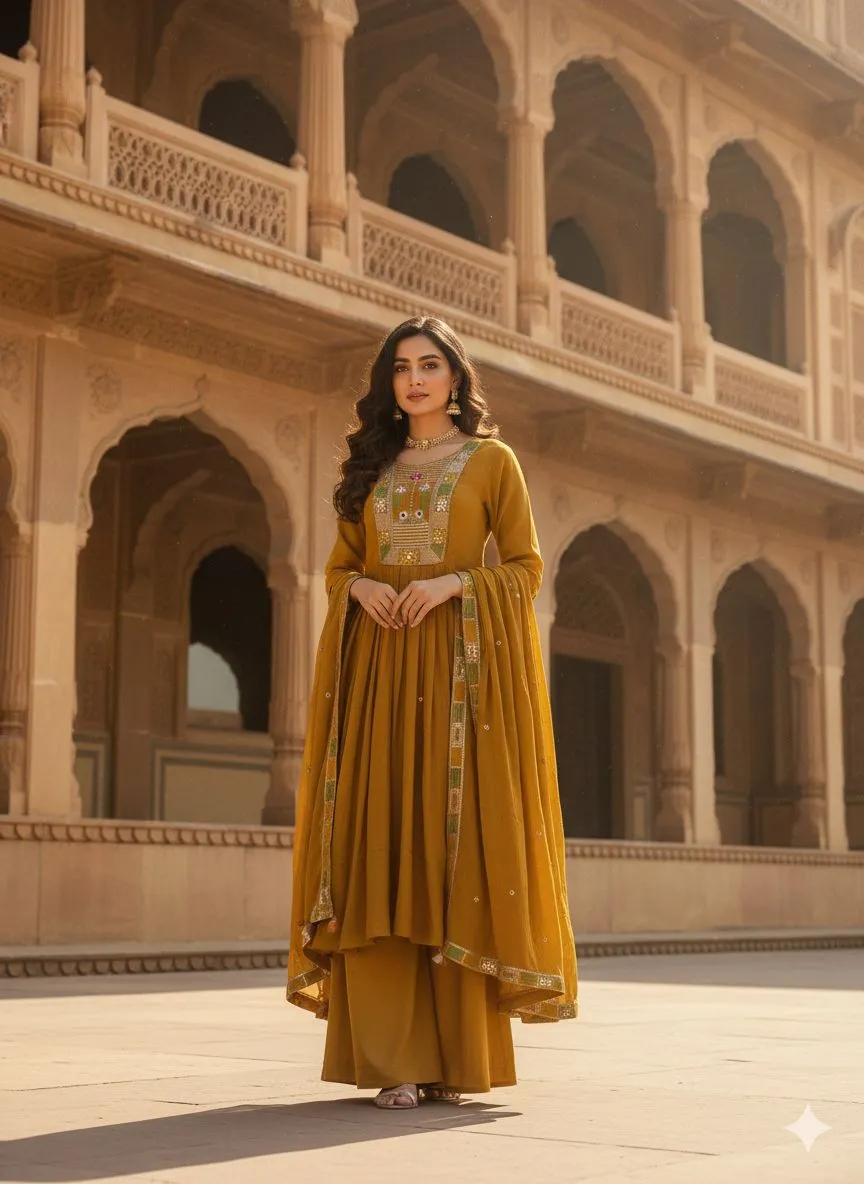 Mustard Silk Anarkali view 2