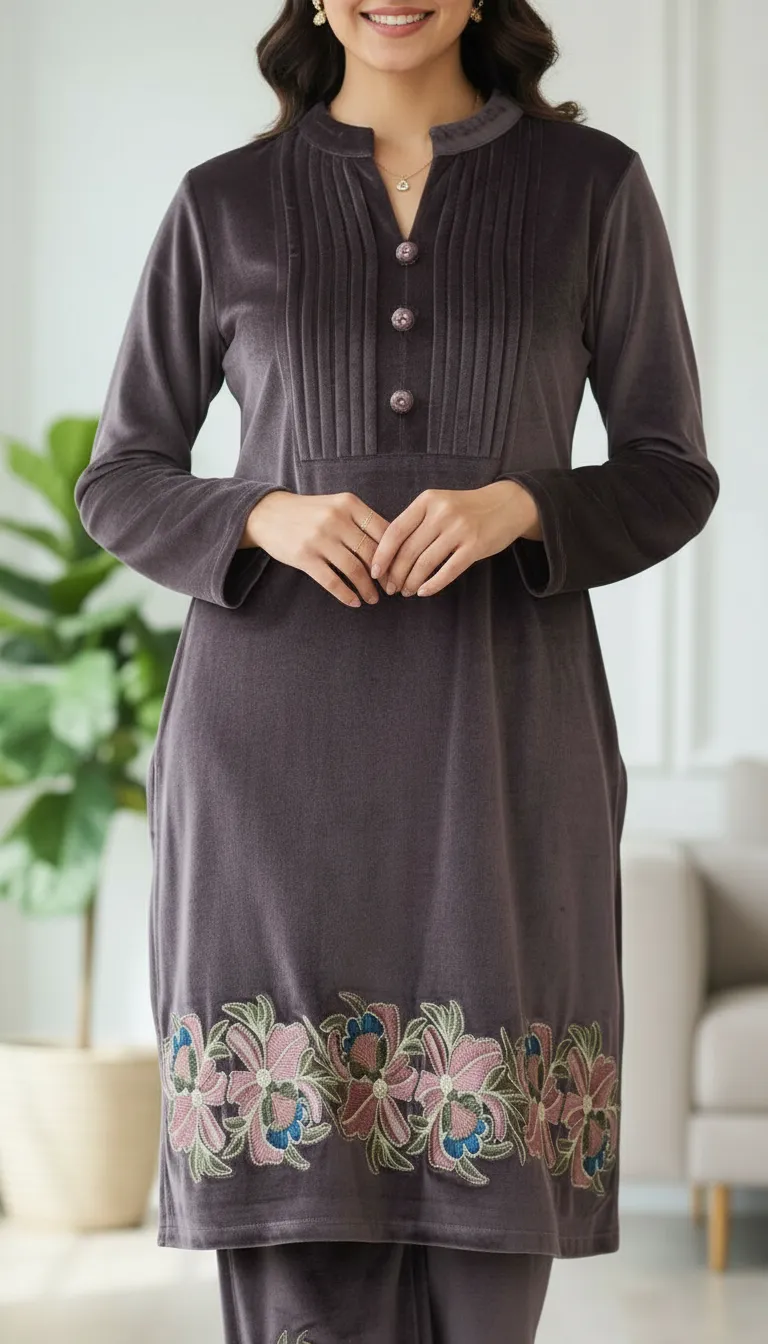 Grey Embroidered Velvet Co-ord Set