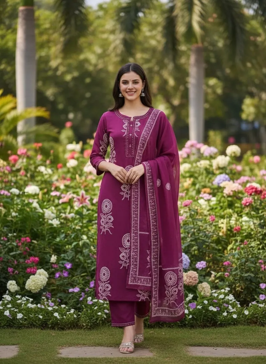 Cotton Magenta Kurti Set