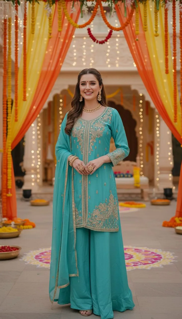 Teal Embroidered Kurta Set