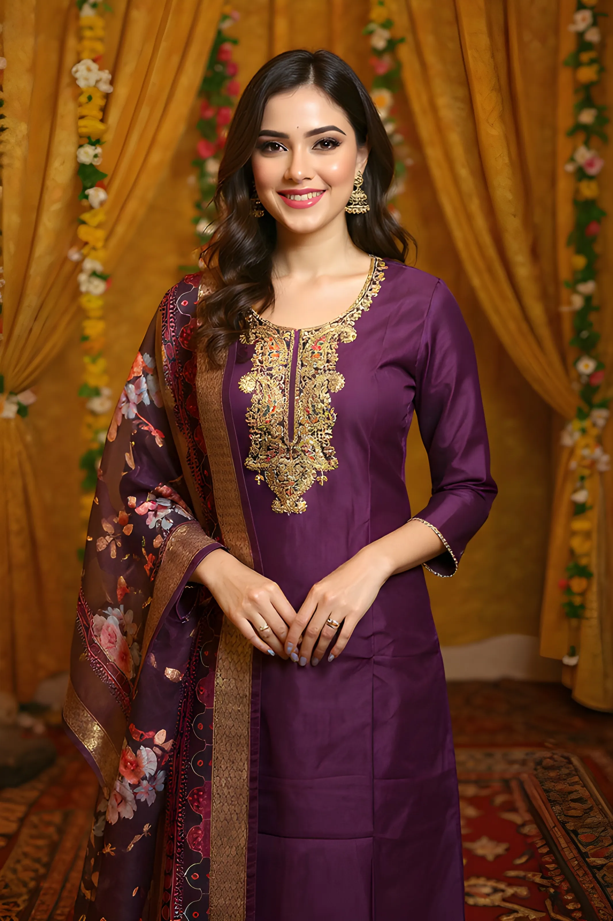 Embroidered Purple Pant Set