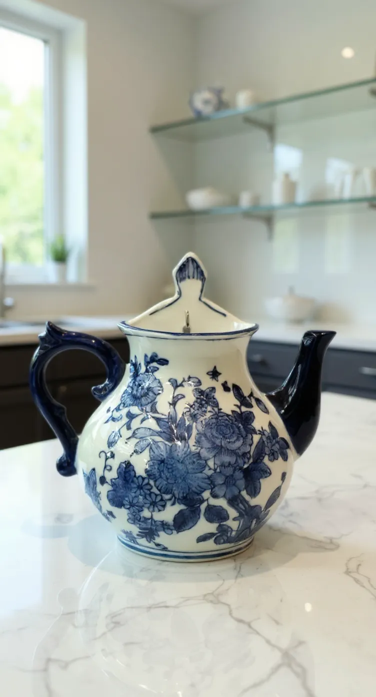 Blue Floral Teapot Hanging On Wall