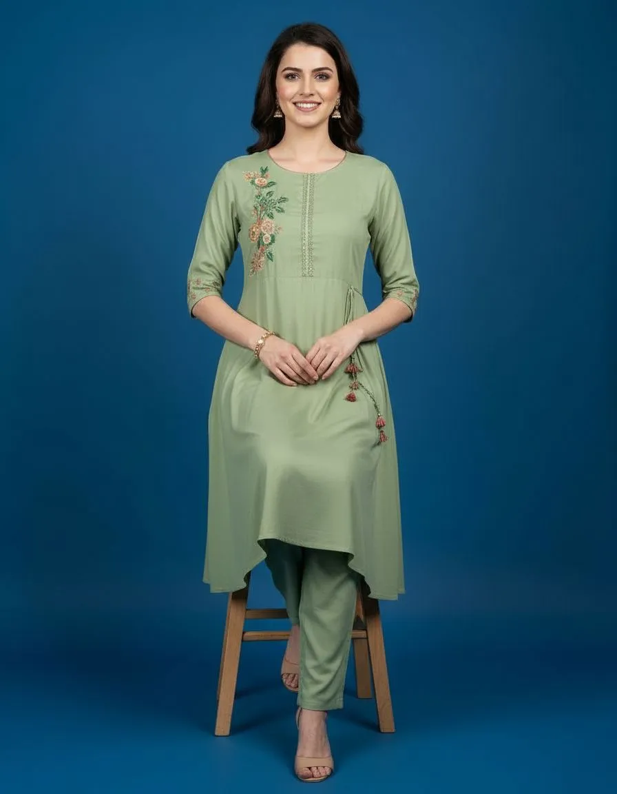 Olive Green Embroidered Kurta Set view 2