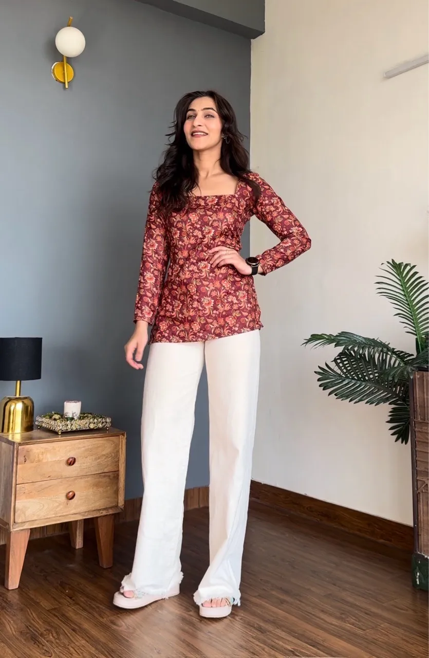 Floral Woolen Kurti with Square Neck view 2
