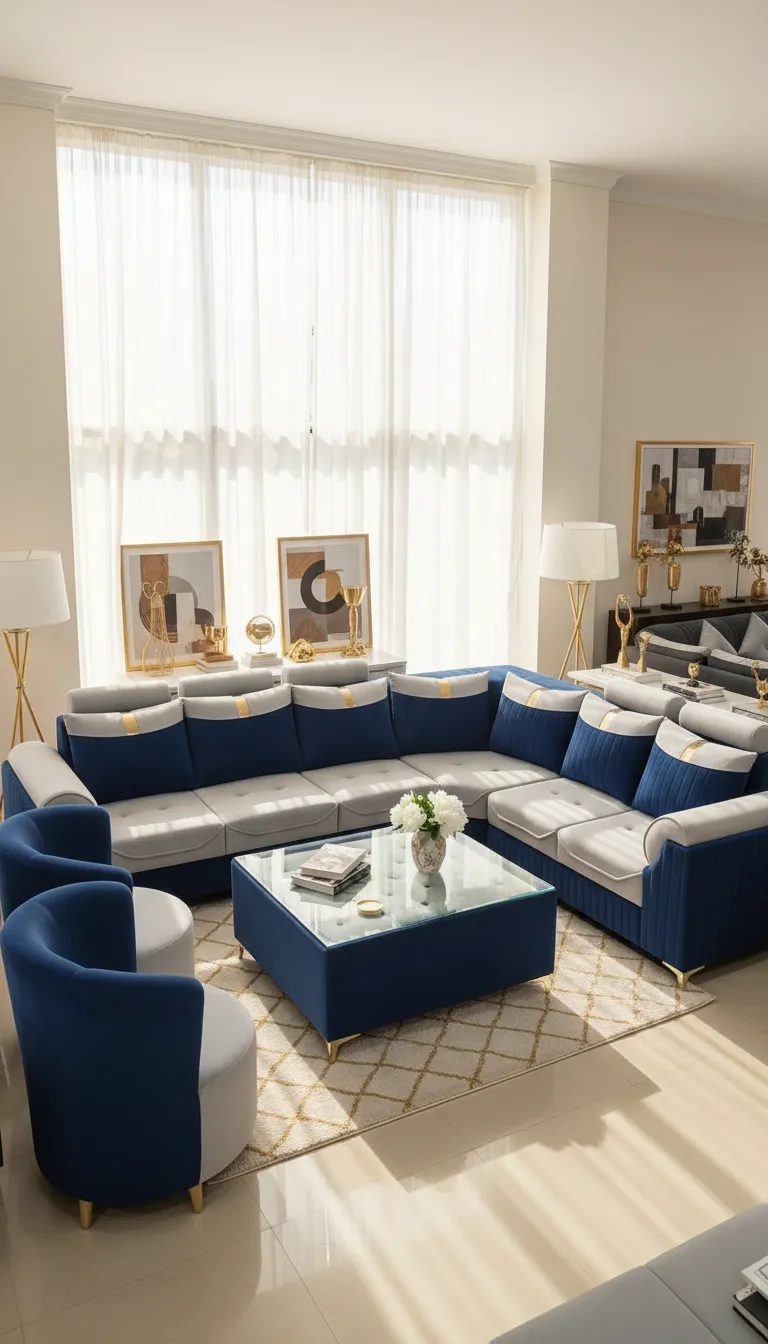 Blue and Grey Sectional Sofa Set