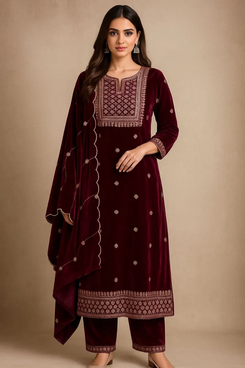 Velvet Embroidered Wine Suit