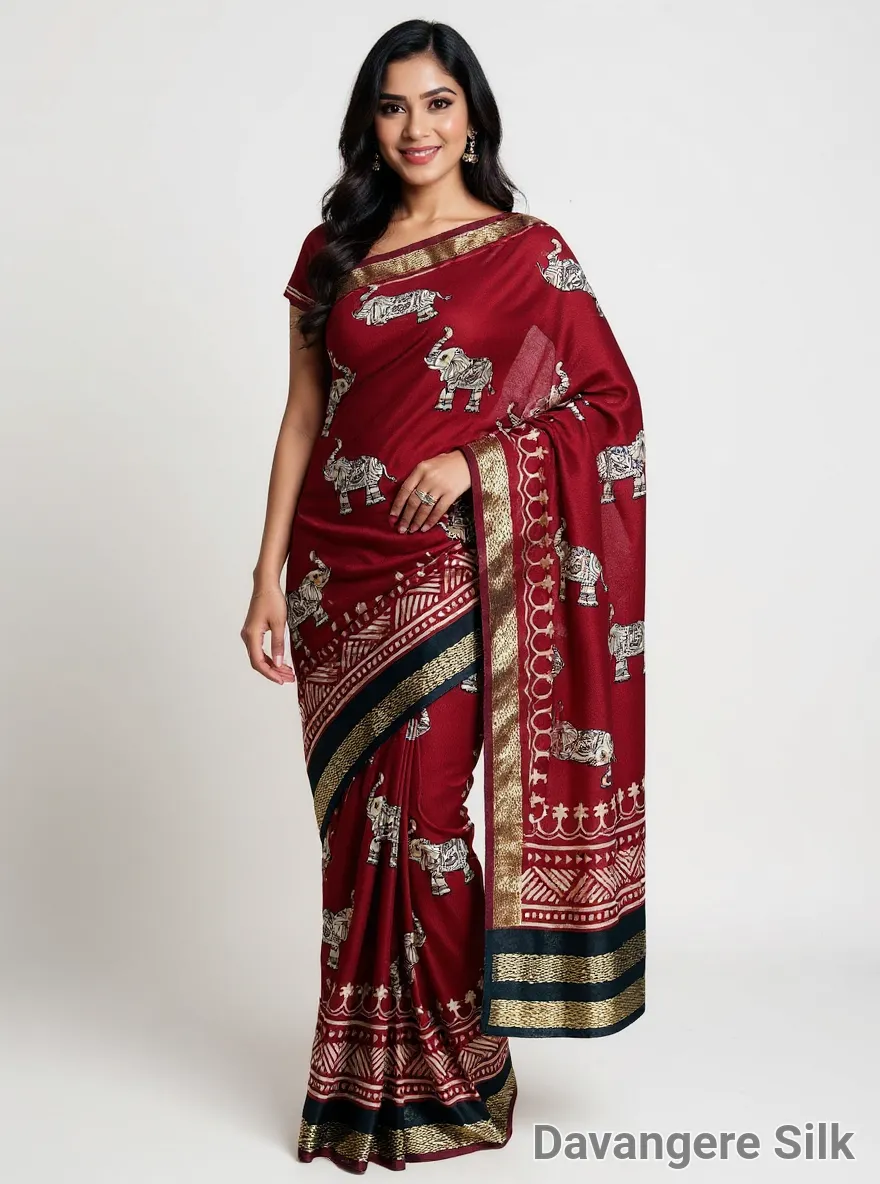 Maroon  with Silver Elephant Zari Motifs