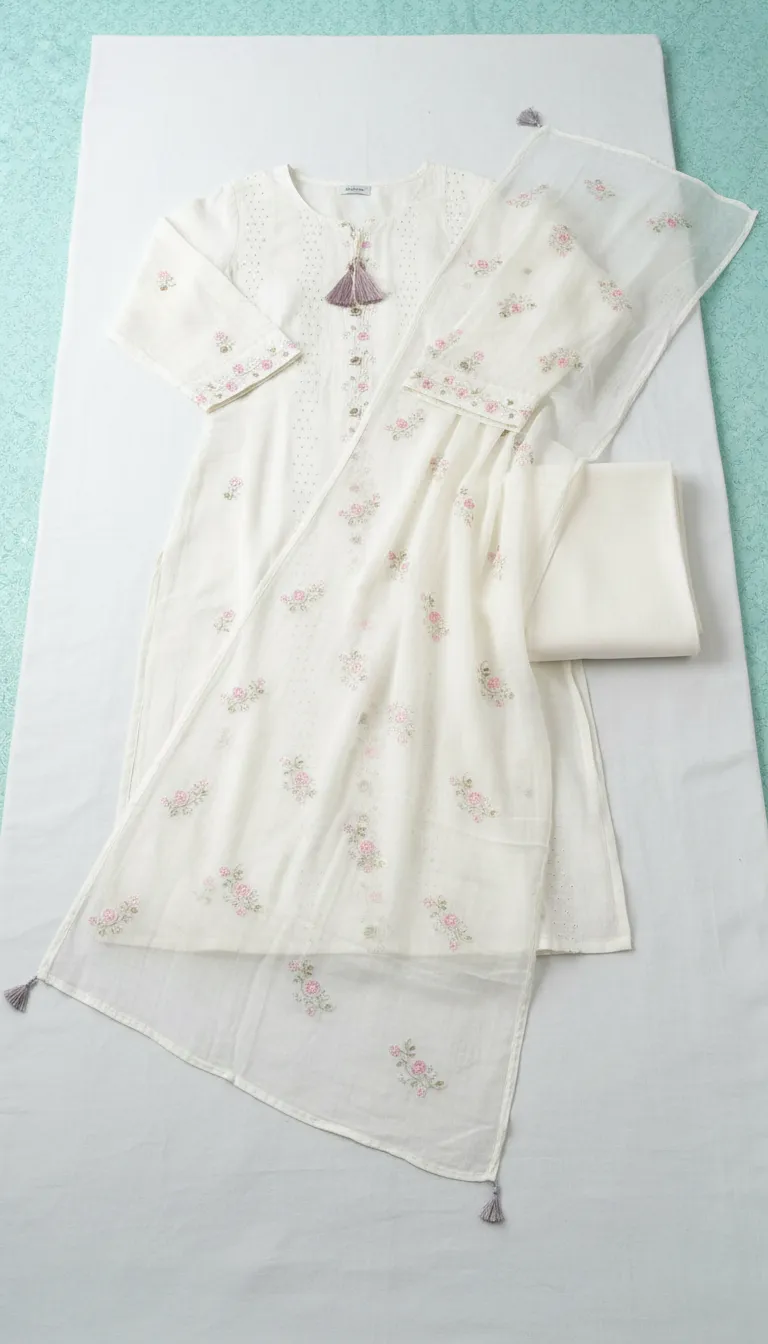Off White Resham Embroidered Kurta Set With Dupatta