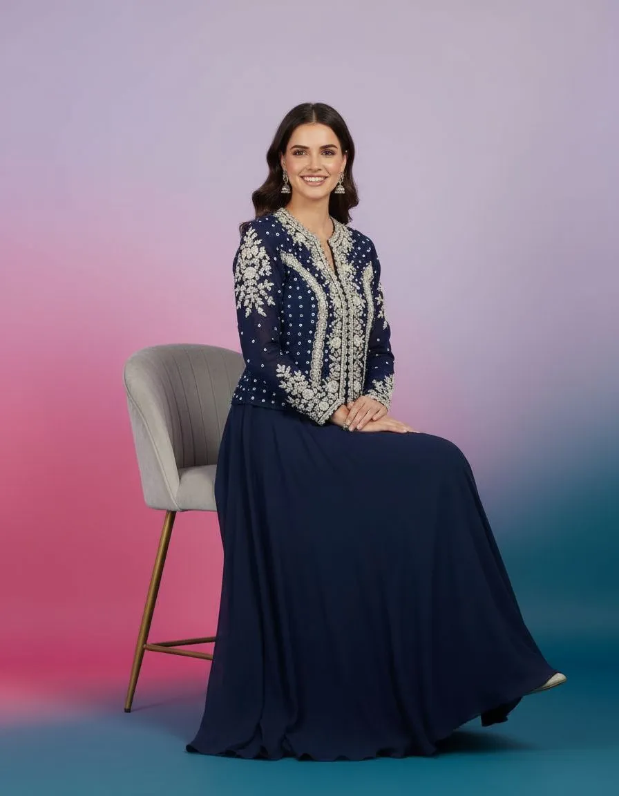 Embroidered Navy Blue Anarkali view 2