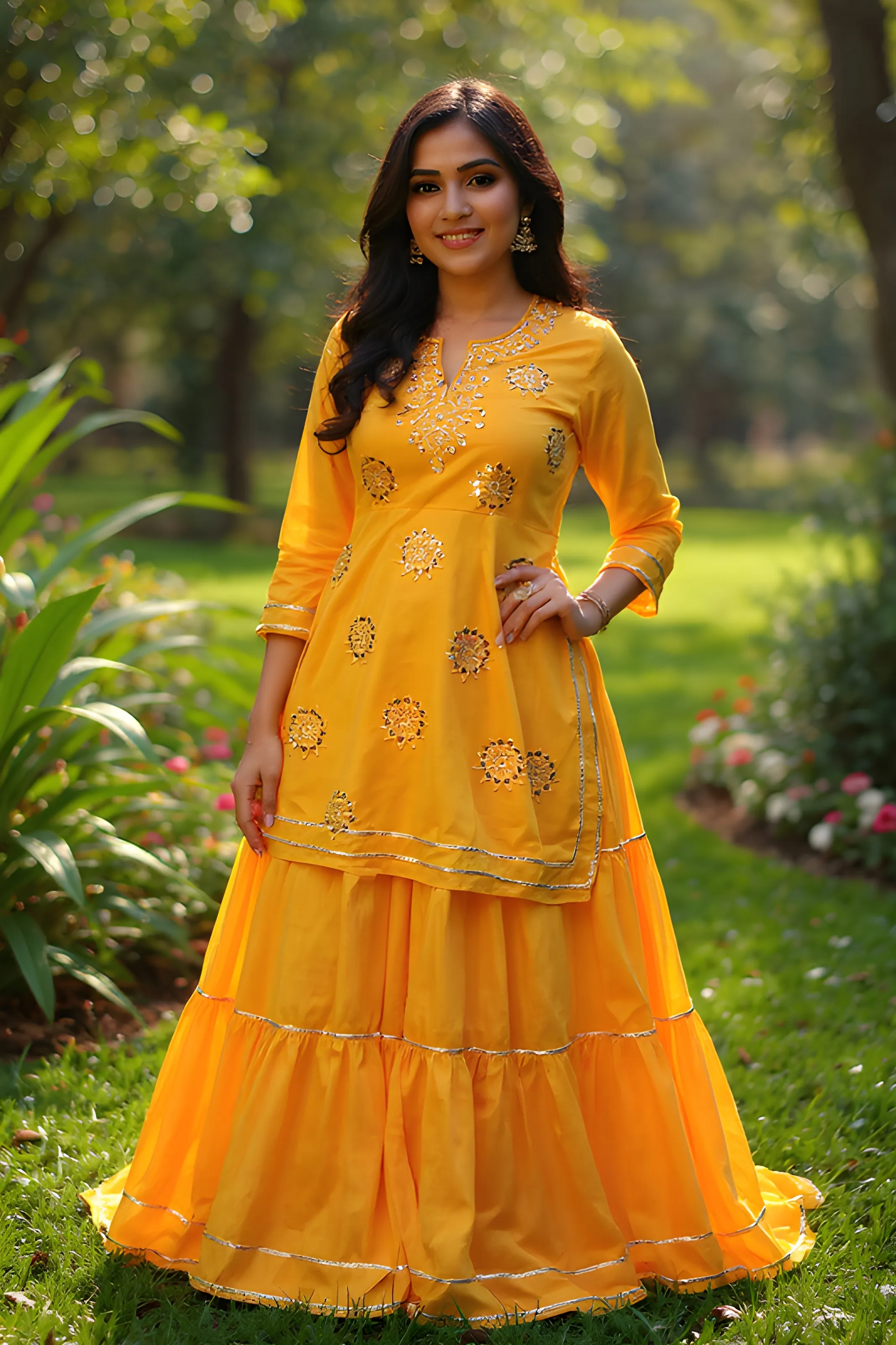 Mustard Mirror Work Sharara Suit