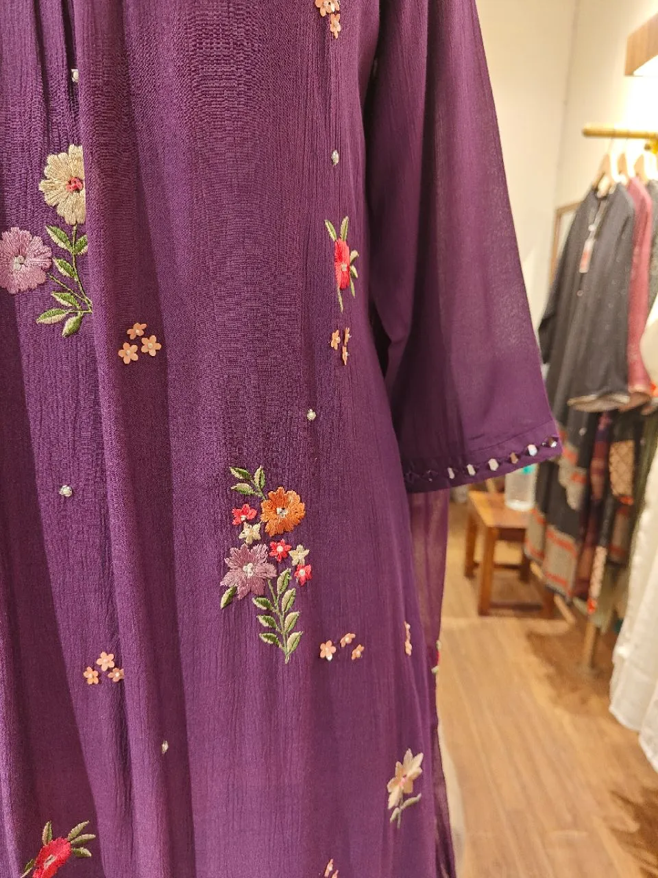 Aubergine Chiffon Kurta Set With Multi Floral Embroidery view 6